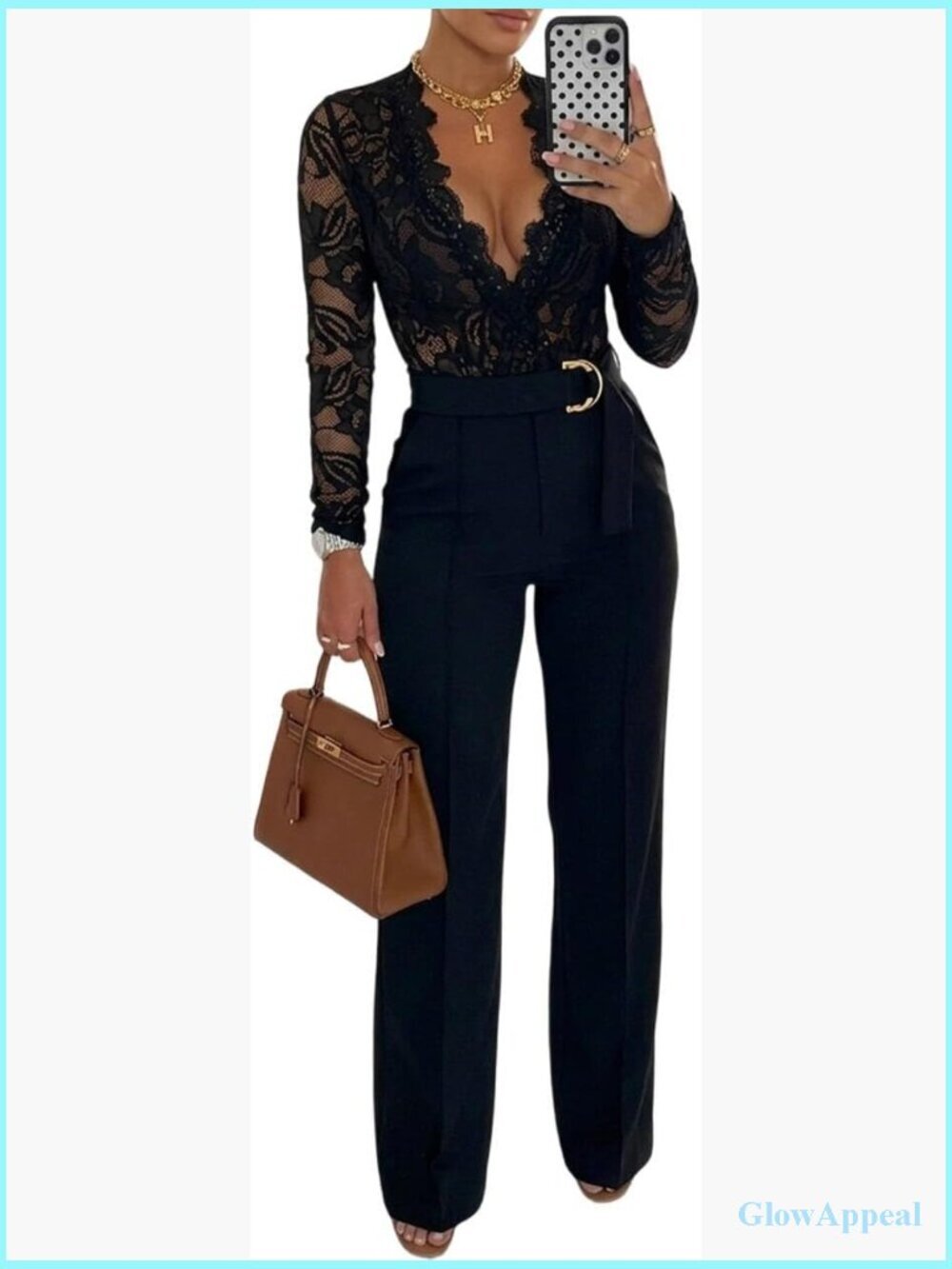 Floral Lace Deep V-Neck Long Sleeve Jumpsuit with Belt and Pockets